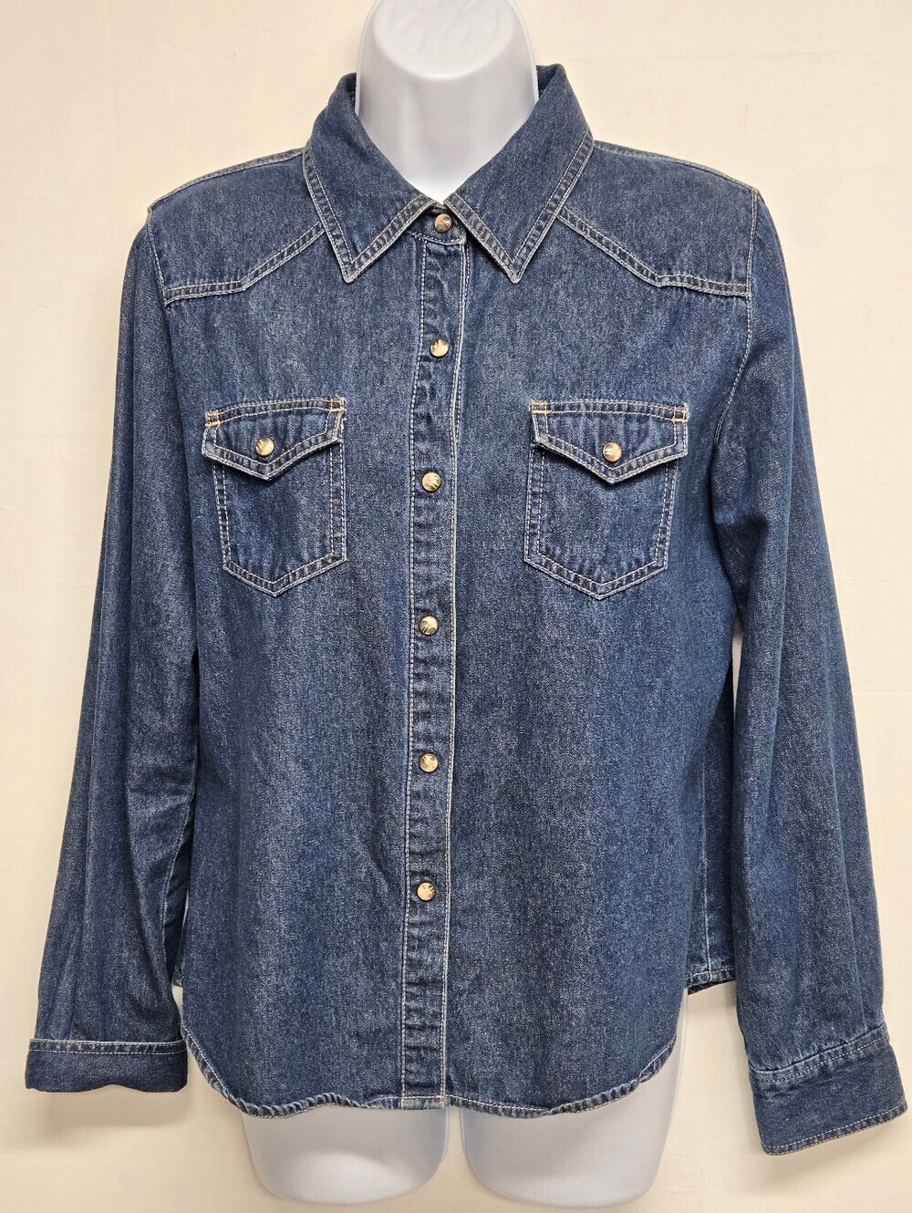 NY & Co M Jeans Snap Down Denim Top 100% Cotton Collar Pockets Long Sleeve